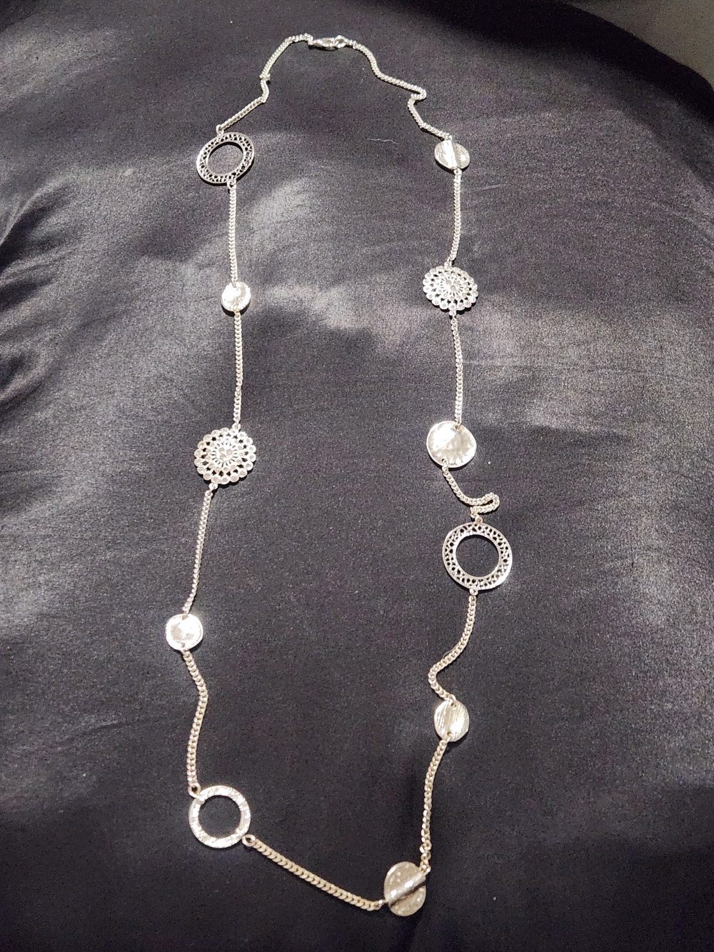 Silver Layering Chain Necklace Filigree Mandalas & Pave Discs 38”